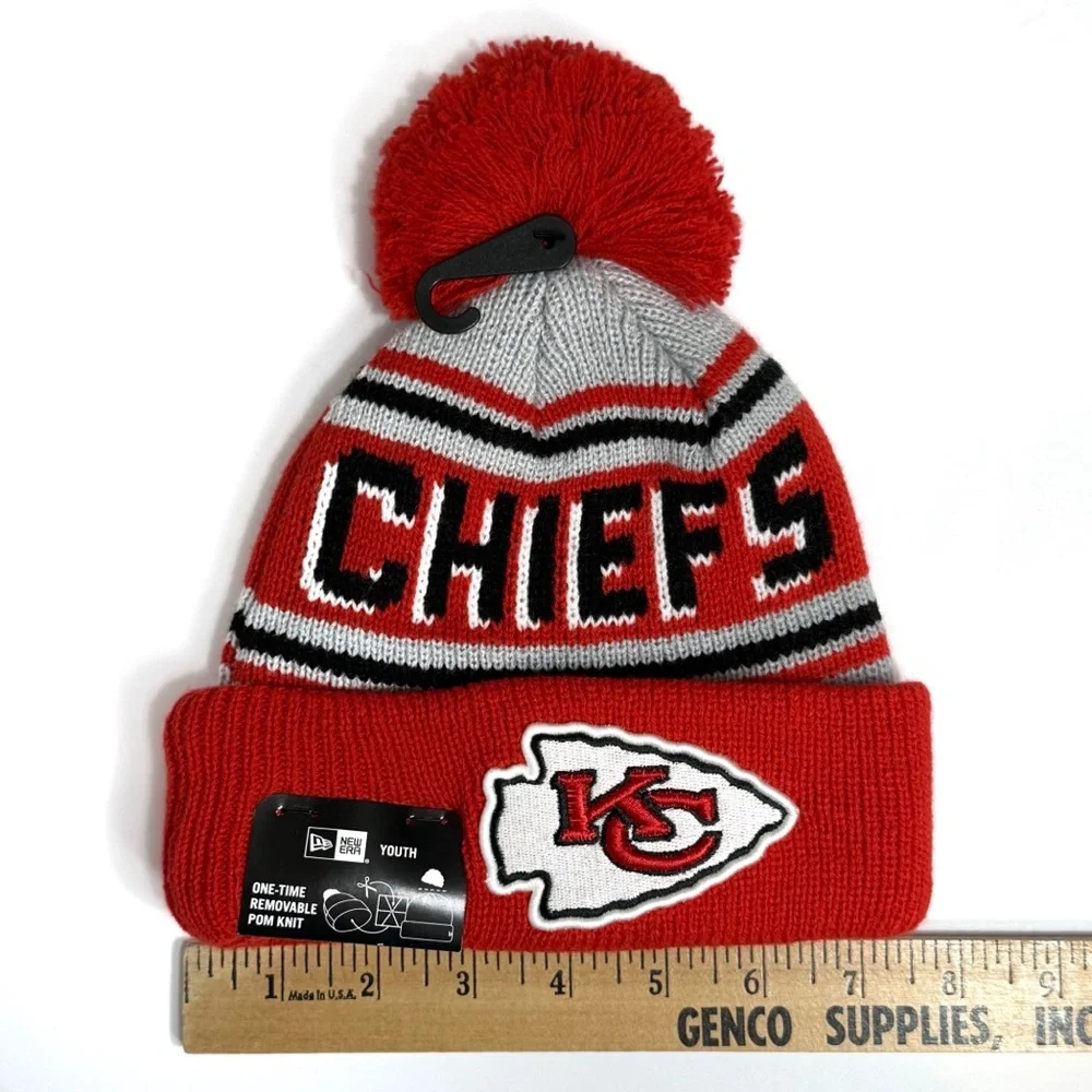 Youth New Era NFL Kansas City Chiefs Red Cuffed Knit Beanie Removable Pom NWT